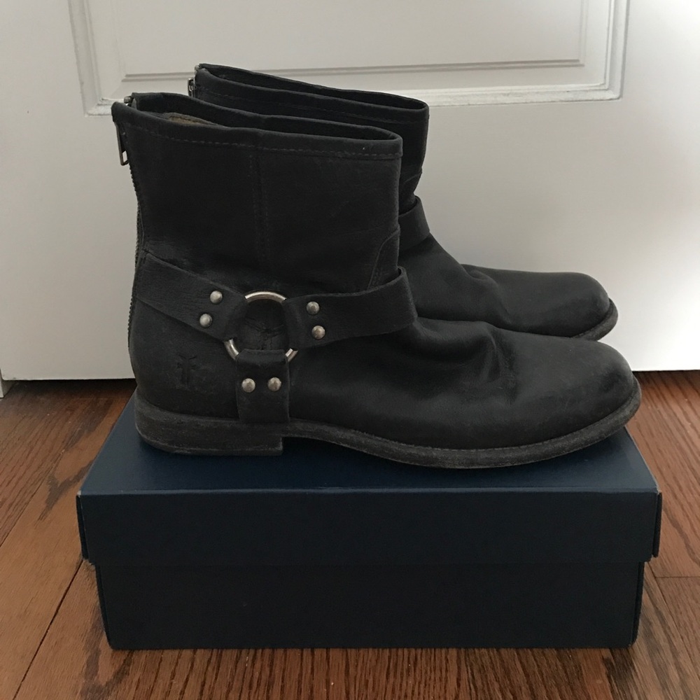 Frye Black Leather Harness Ankle Boots